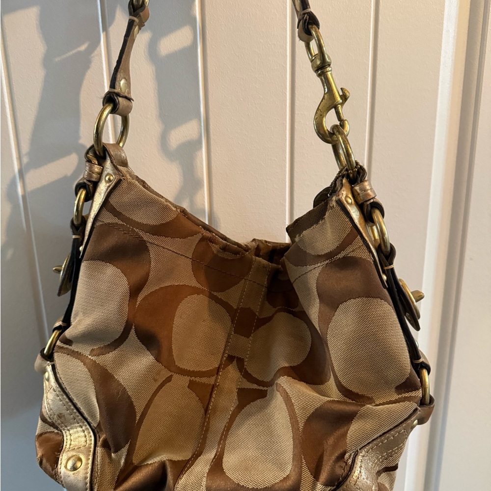 Coach Tan and Brown Signature Shoulder Bag